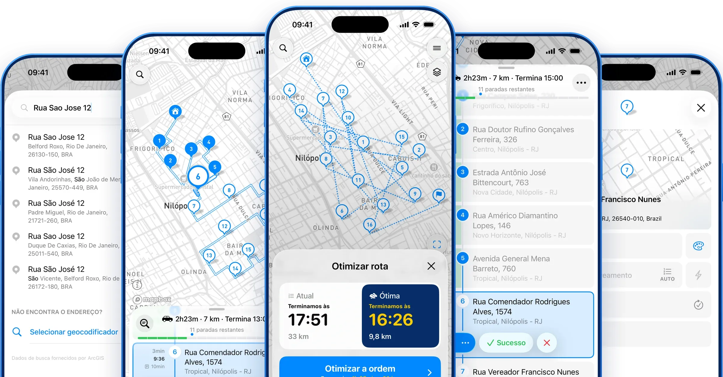 MyWay Route Planner app screens in Brazilian Portuguese: address search, route map, optimized route, stops list and stop settings