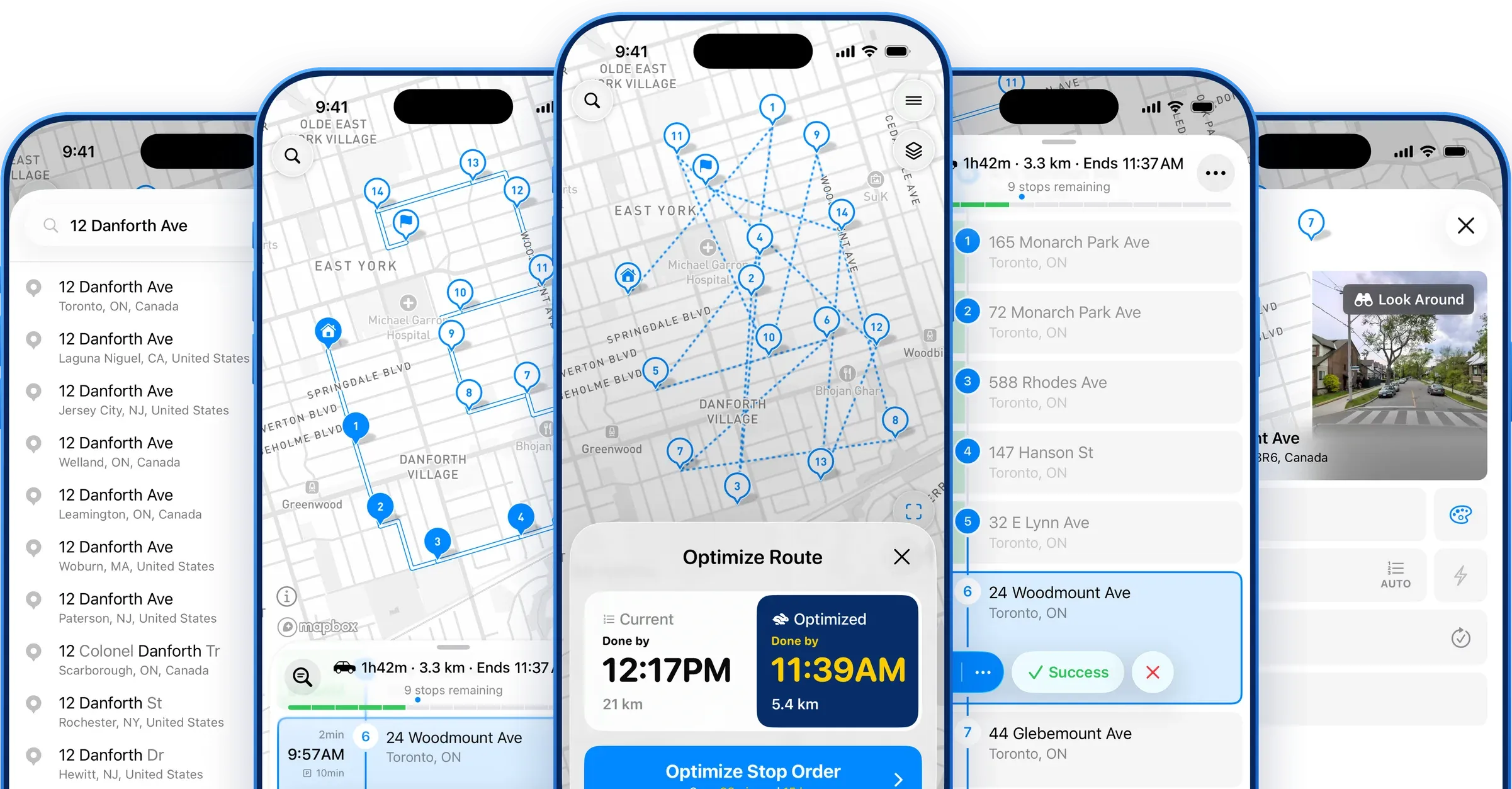MyWay Route Planner app screens in Canadian English: address search, route map, optimized route, stops list and stop settings