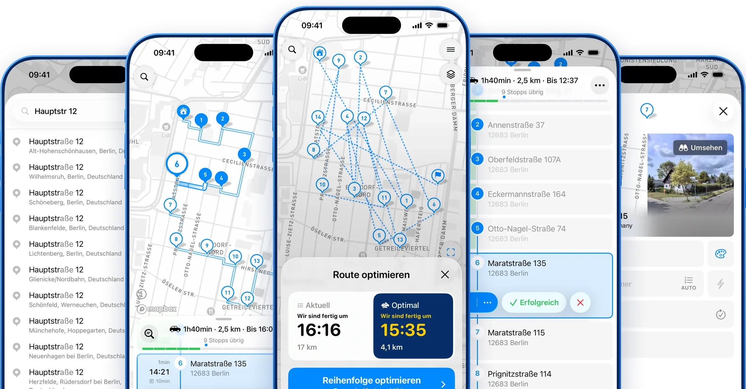 MyWay Route Planner app screens in German: address search, route map, optimized route, stops list and stop settings