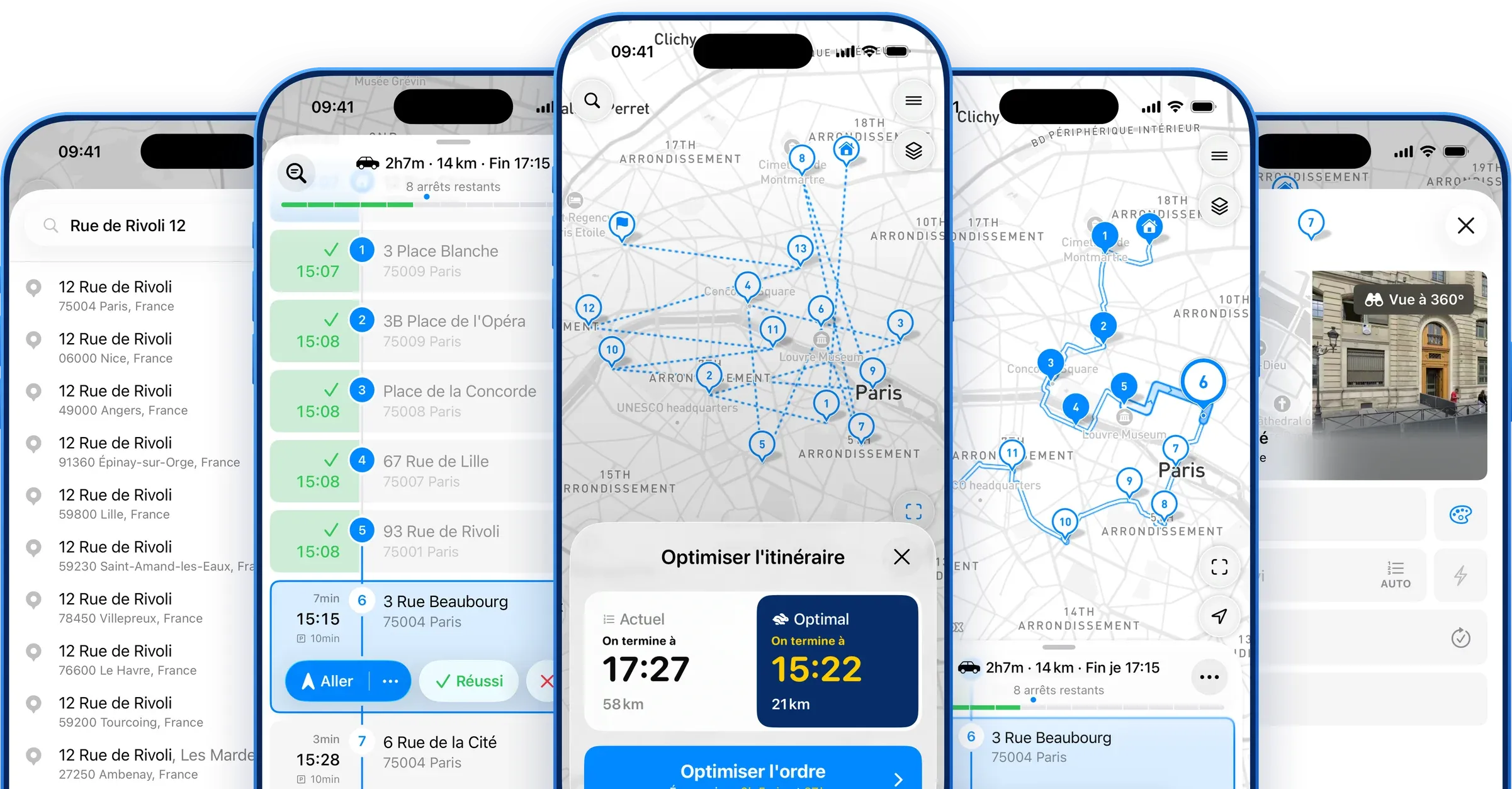 MyWay Route Planner app screens in French: address search, route map, optimized route, stops list and stop settings