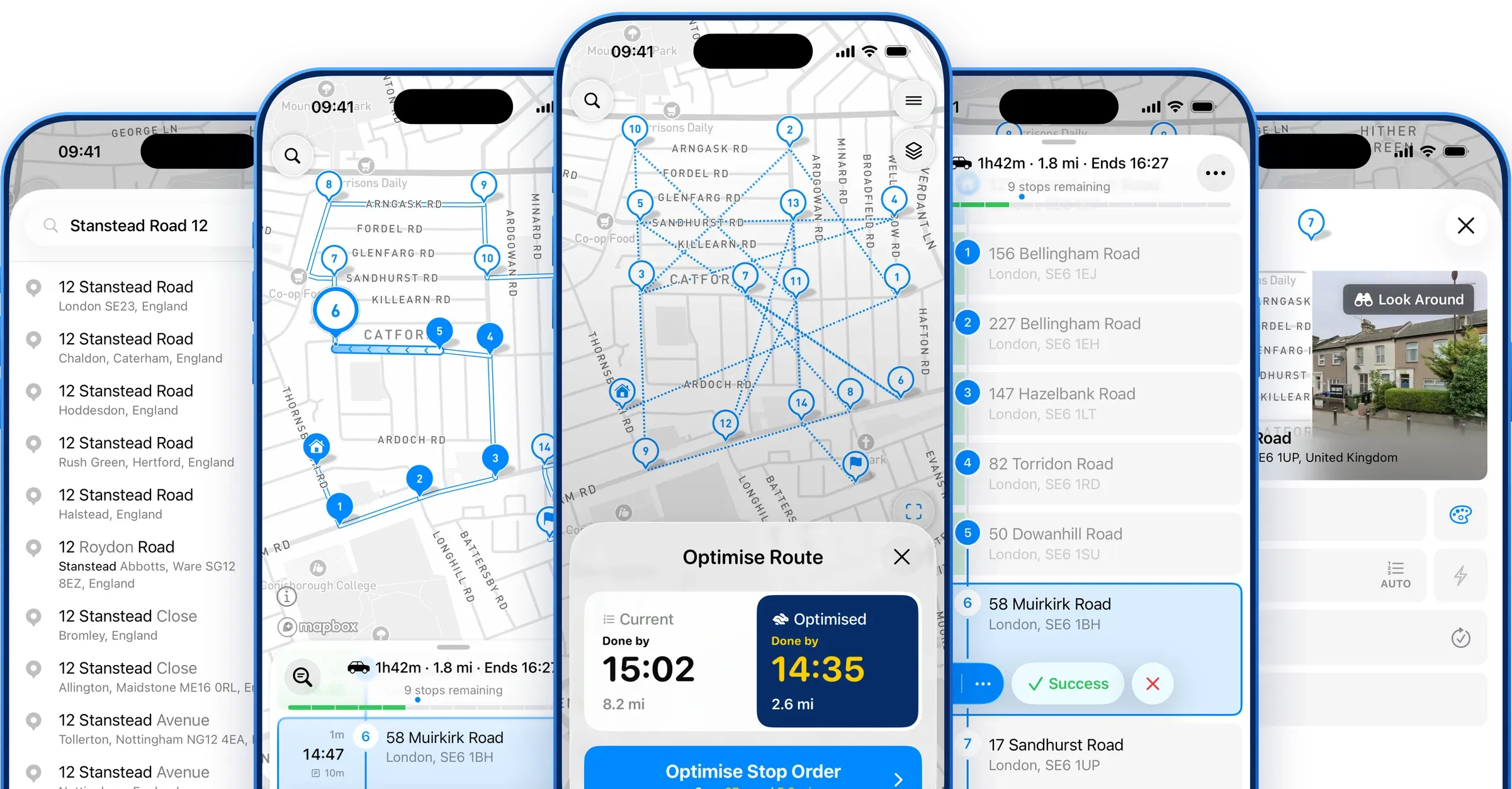 MyWay Route Planner app screens in British English: address search, route map, optimized route, stops list and stop settings