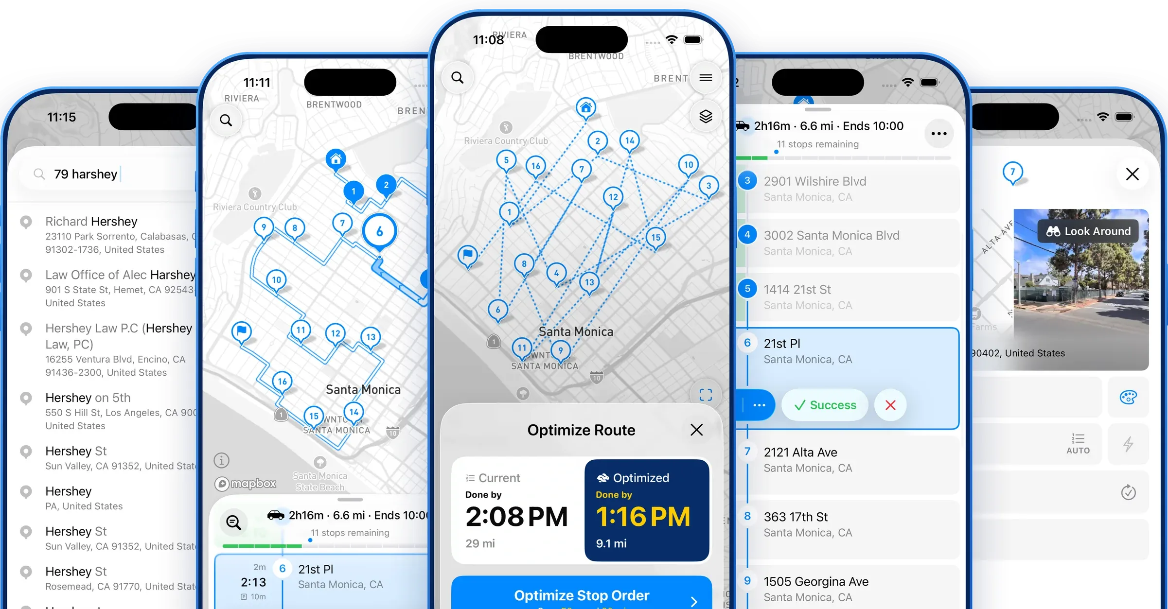 MyWay Route Planner app screens: address search, route map, optimized route, stops list and stop settings