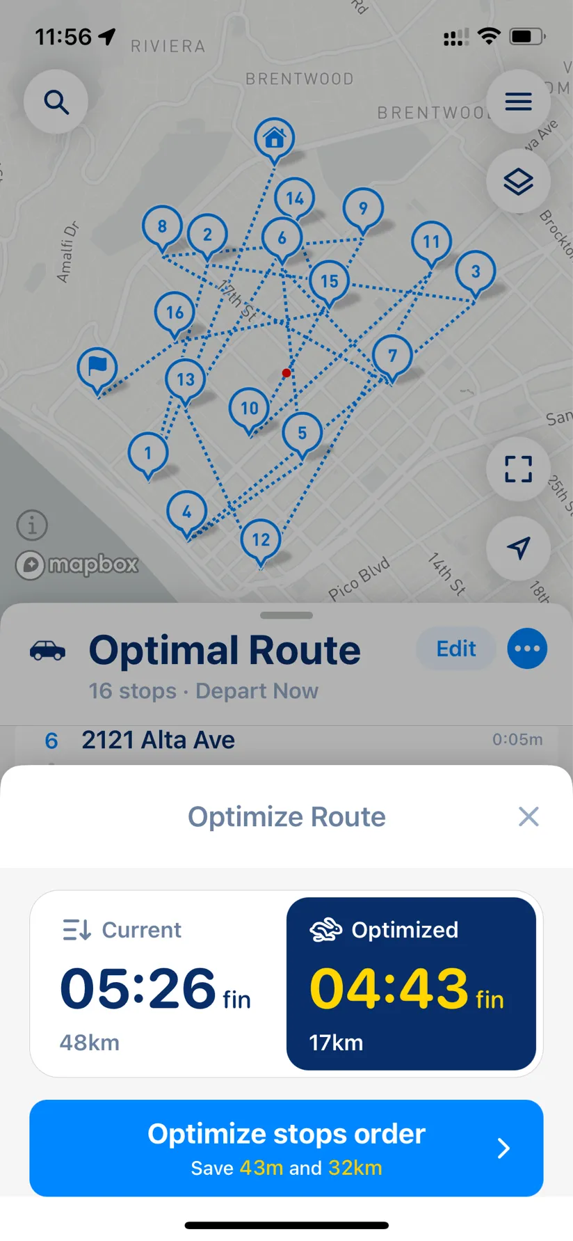 MyWay Route Planner Optimize Route: current and optimized finish time and distance