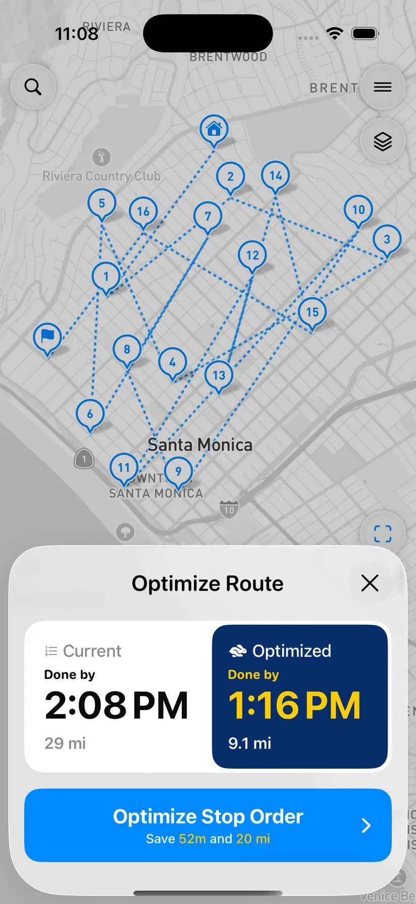 MyWay Route Planner Optimize Route: current and optimized finish time and distance