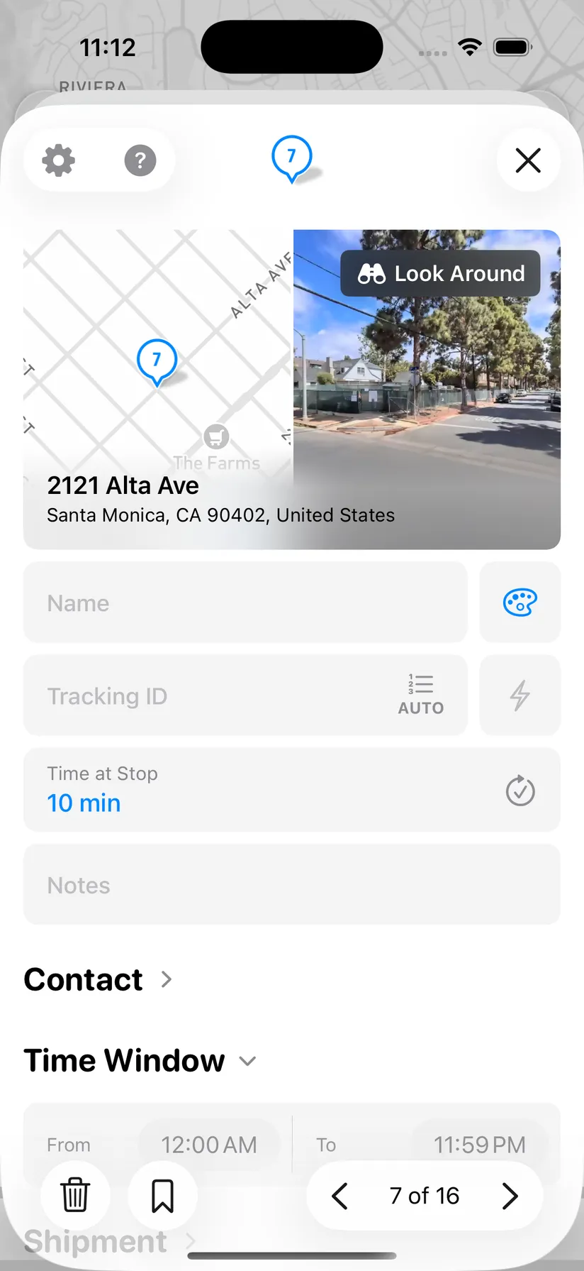 MyWay Route Planner stop details: name, color, tracking ID, notes, time at stop, shipment, time window